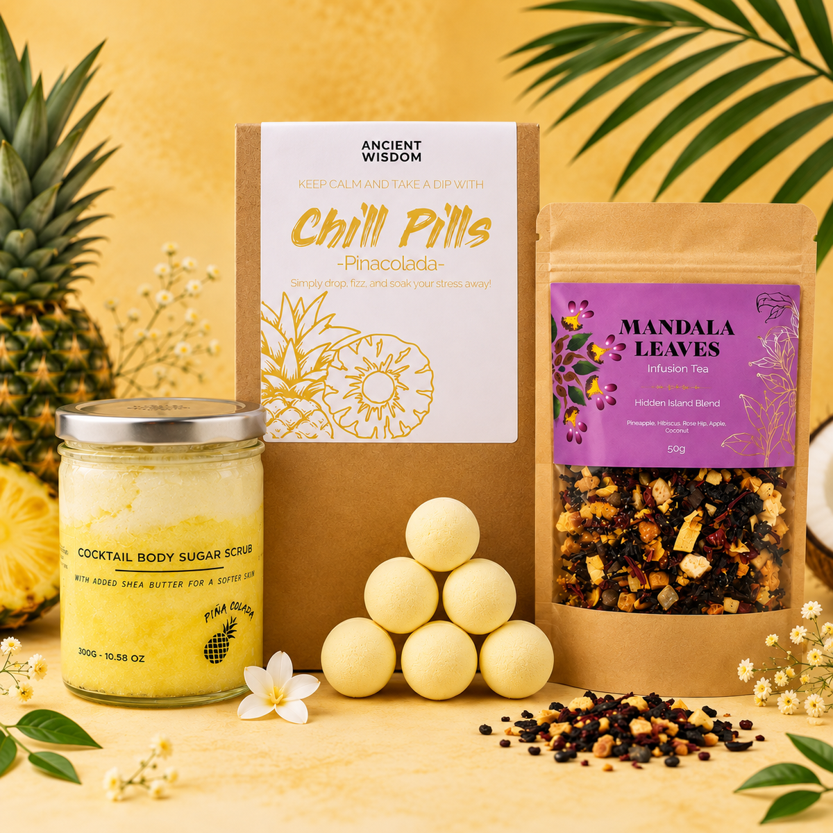Piña Colada Escape giftset met bodyscrub, Chill Pills en Piña Colada fruitinfusie