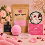 Thinking of You giftset met rozenkwarts bath bomb, Bath Dust en kaars